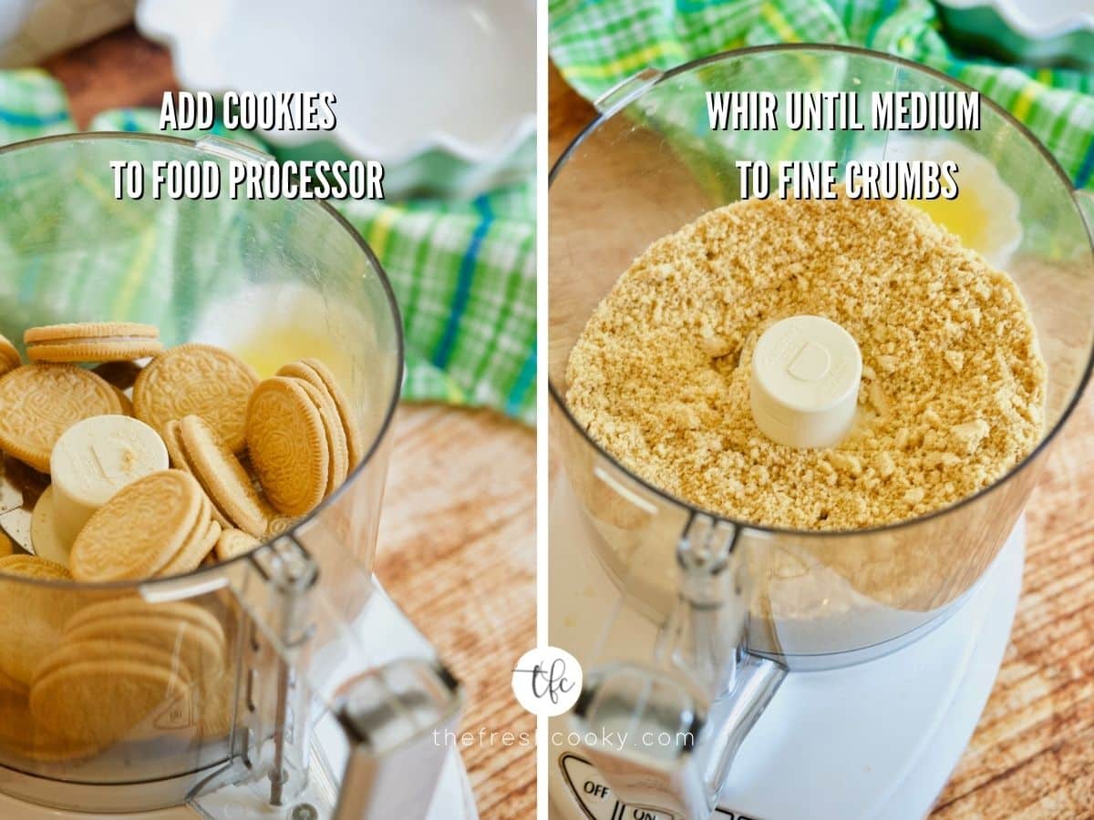 Cookies in hopper of food processor and second image after pulsing to fine crumbs for Oreo Crust.