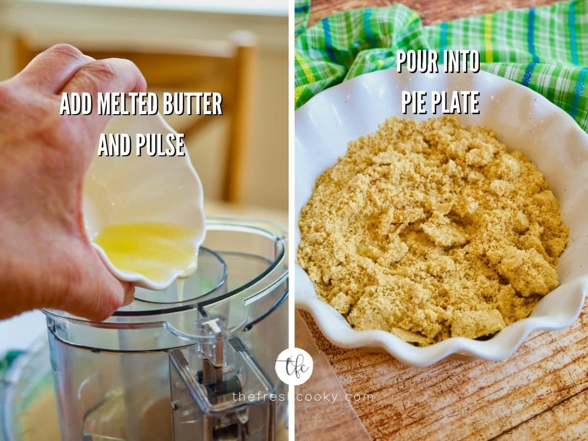 Process shots for golden oreo pie crus, pouring melted butter into crumbs and second image of processed crumbs with butter in pie dish.