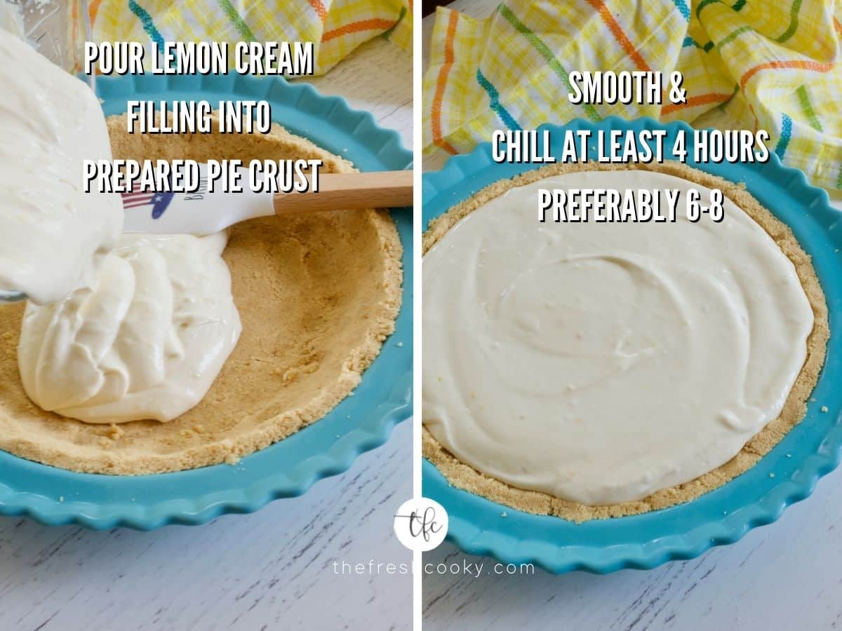 Process shots for lemon cream pie pouring lemon cream filling into cookie crust, second image smoothed cream filling in pie crust.