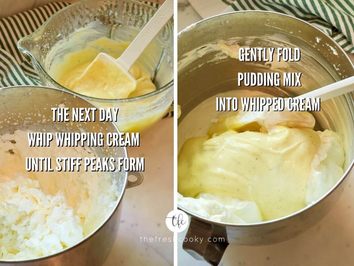 banana pudding process shots L picture of vanilla pudding mixture and whipped cream until stiff peaks form, second image gently folding vanilla pudding into whipped cream mixture.