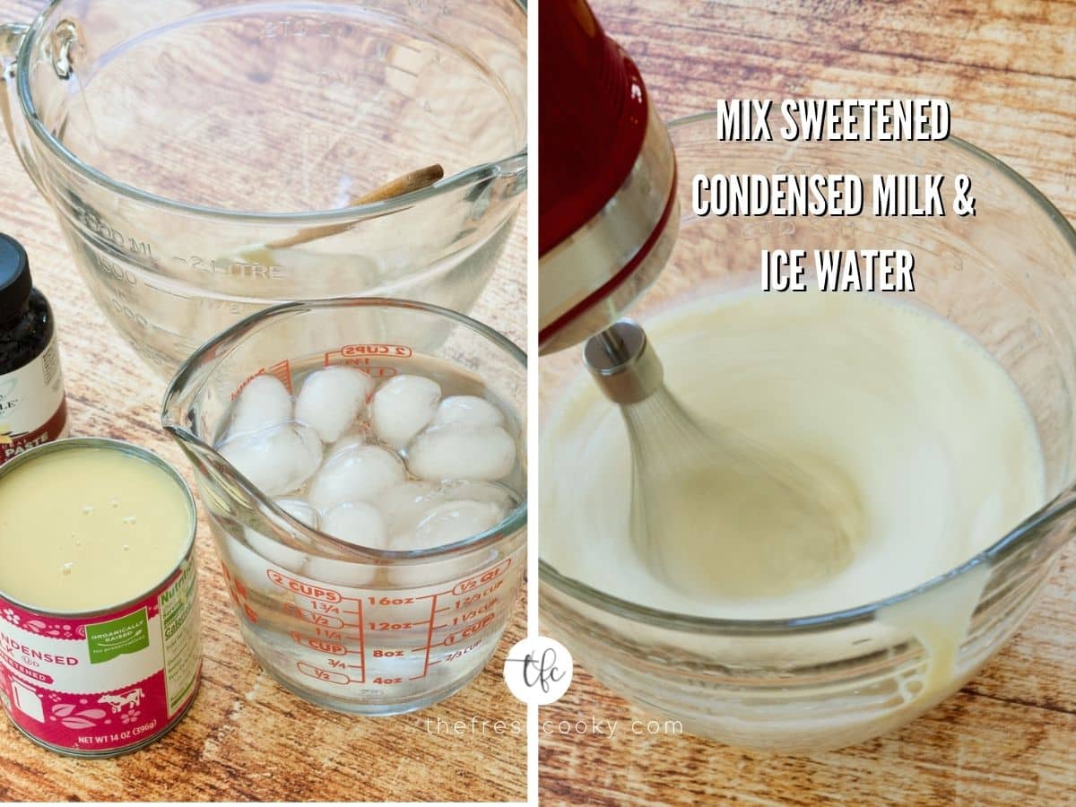 PROCESS SHOTS for banana pudding with basic ingredients for pudding mix and mixer combining the sweet milk and ice water.