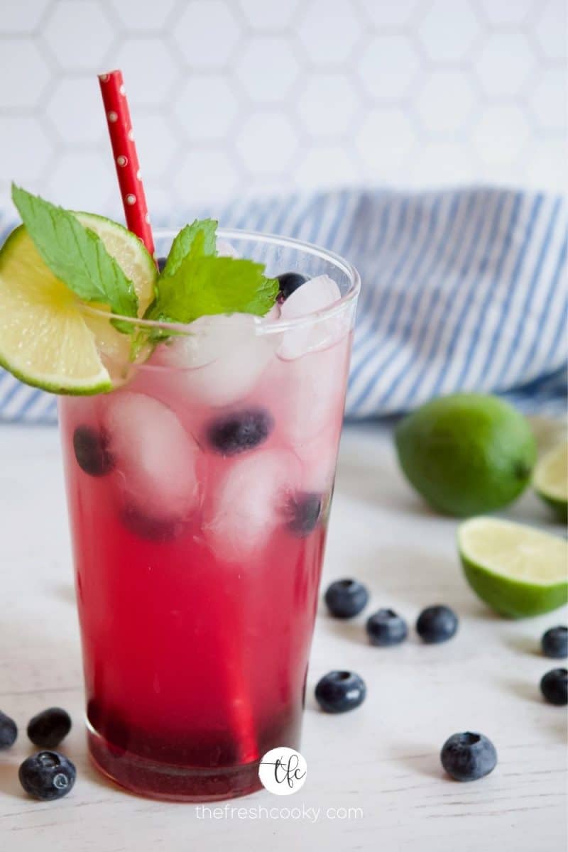 Blueberry Limeade in a tall glass with red straw, lime wedge and mint with fresh blueberries on the marble.