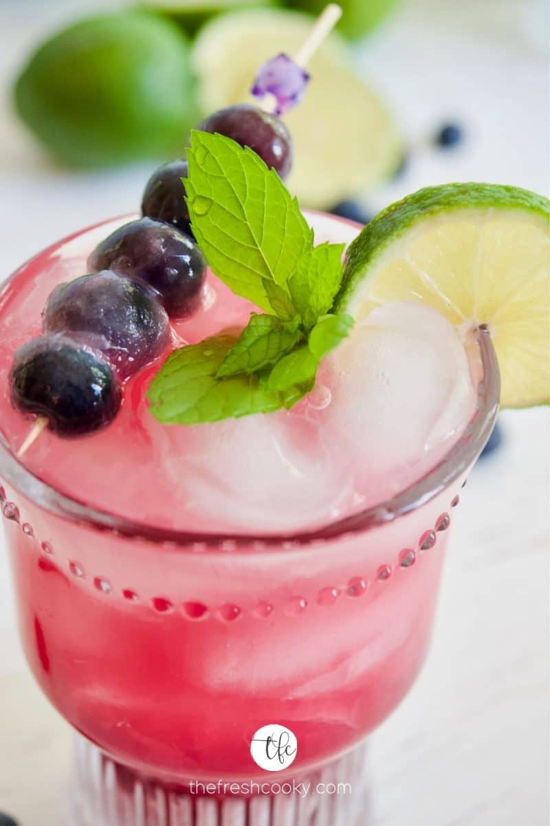 Blueberry Limeade in a pretty glass with frozen blueberries on a cocktail stick, lime wedges and mint.