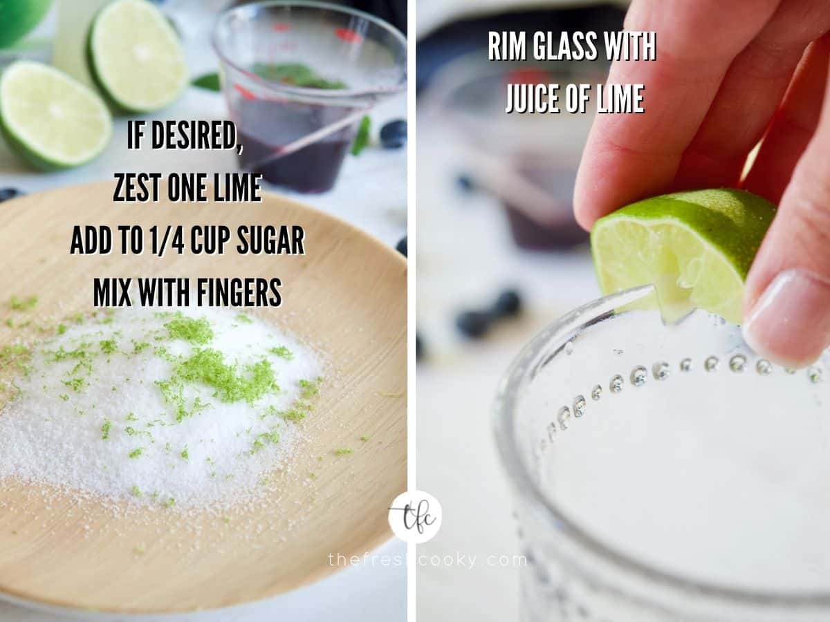 Process shots for rimming a glass with lime sugar for blueberry drink.