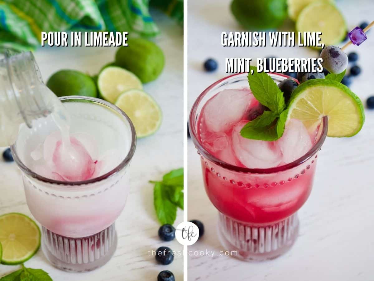 Adding limeade or lemonade to blueberry syrup in glass, second image of garnished Blueberry Drink with limeade.