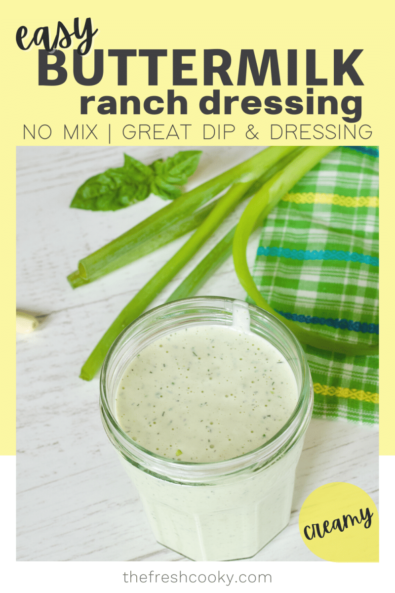 Pin for easy buttermilk ranch dressing with image of jelly jar filled with ranch dressing and green onions behind.