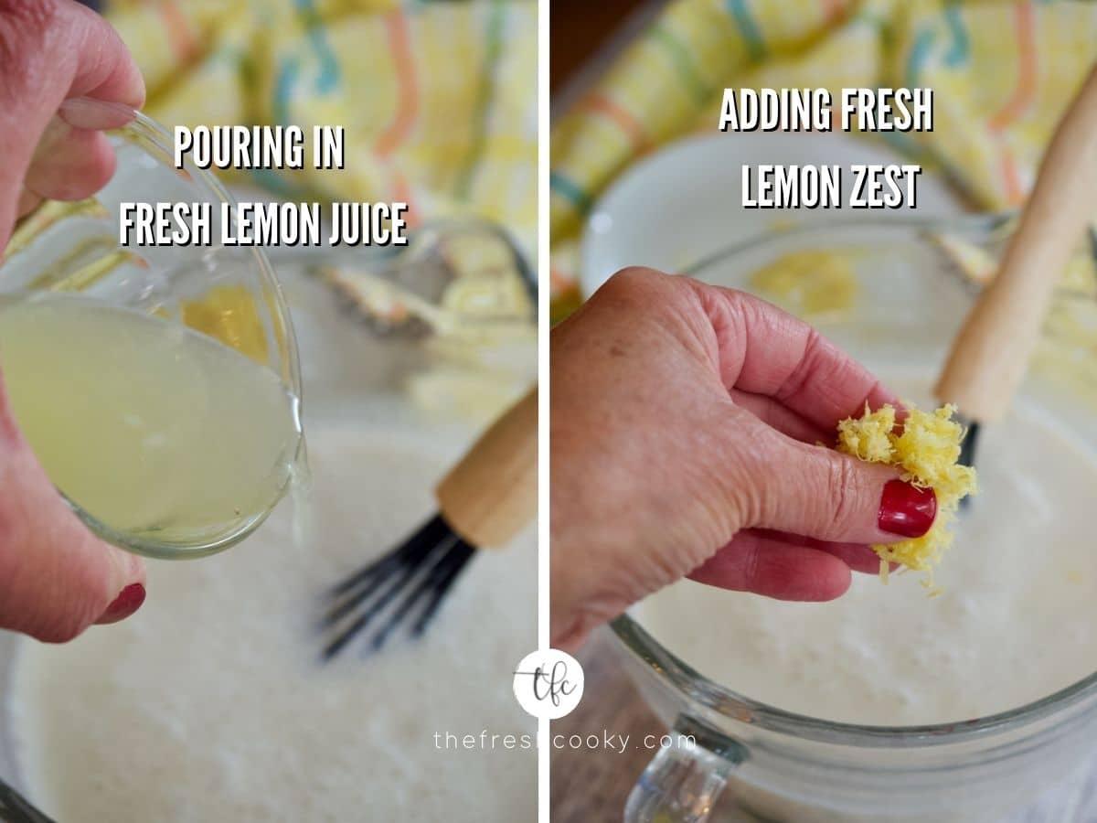 Adding lemon juice and lemon zest to cream, milk and sugar mixture for lemon gelato recipe.