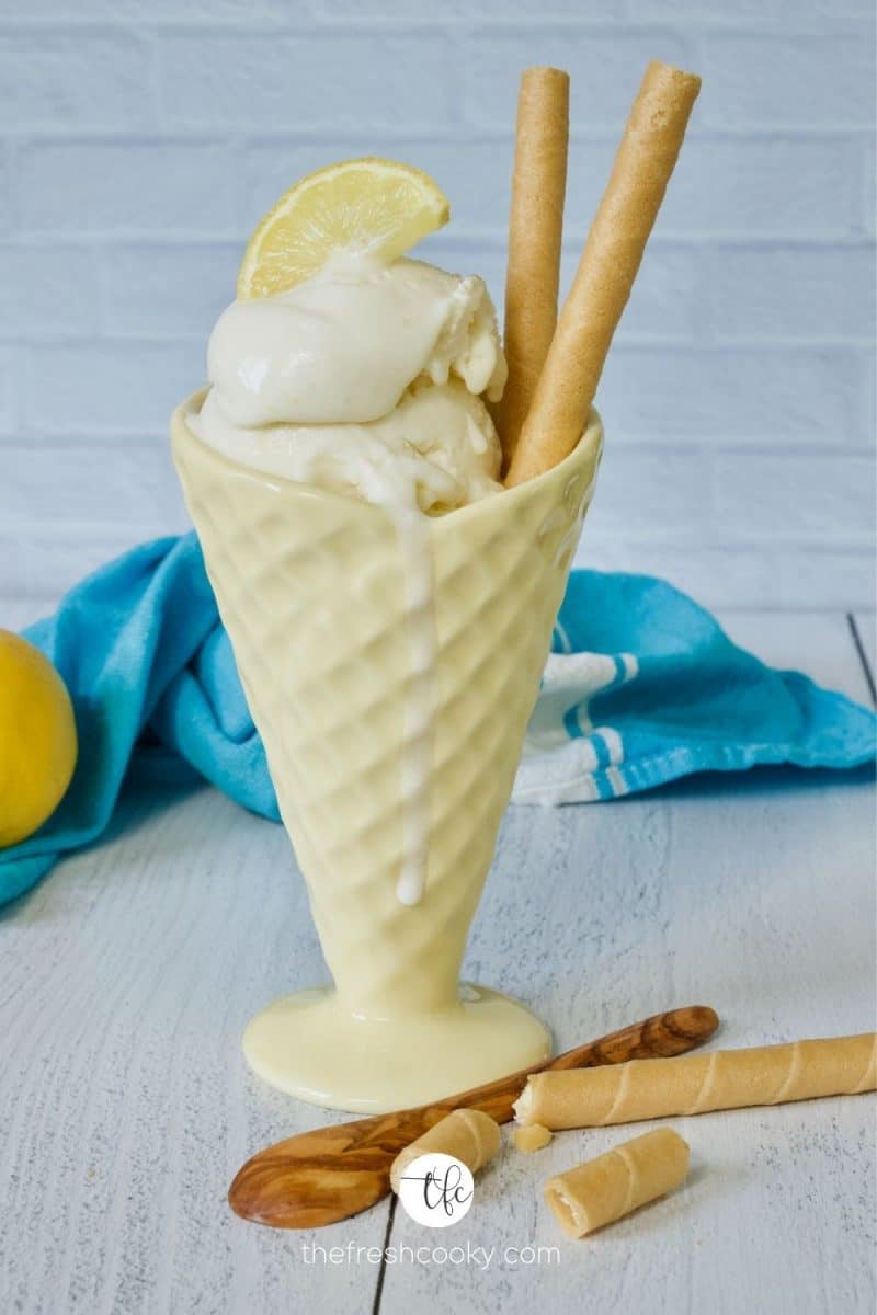 Lemon Gelato recipe in a yellow ice cream waffle dish with lemon slice and wafer cookies.