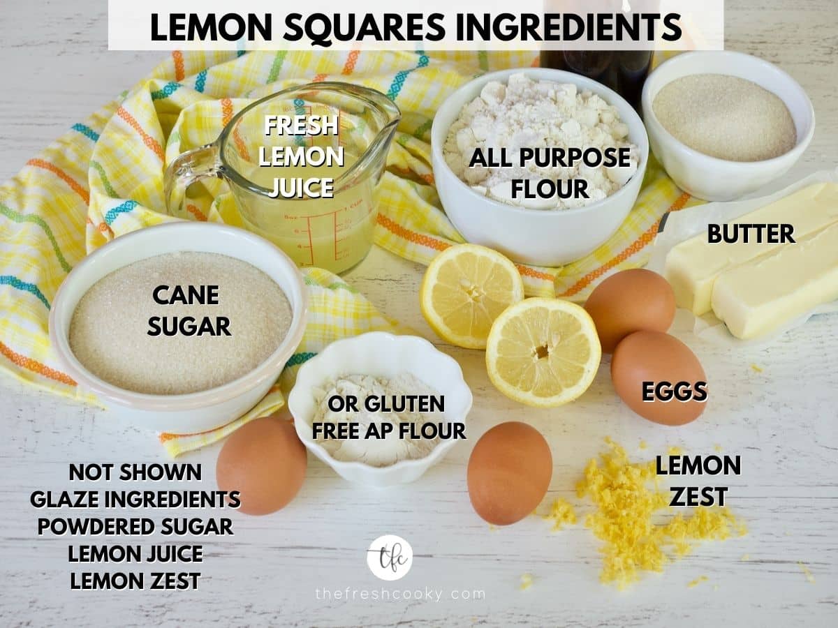 Ingredients for Old Fashioned Lemon Squares Recipe L-R Cane sugar, fresh lemon juice, ap flour, butter, lemon zest, eggs, powdered sugar.