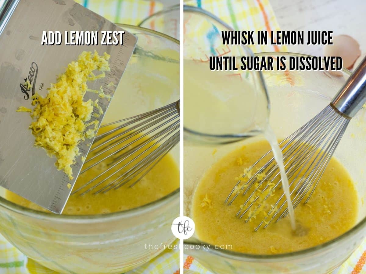 Lemon bars process shots, adding lemon zest to lemon filling mixture and whisking in fresh lemon juice.