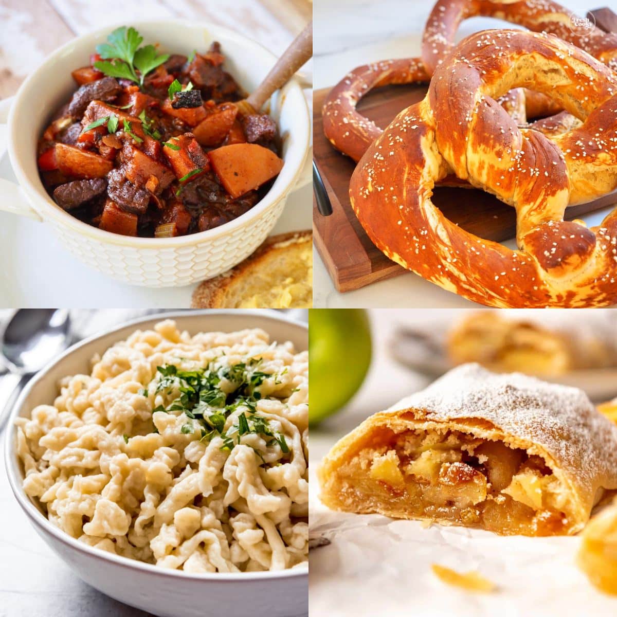 Oktoberfest food images for German goulash, Bavarian pretzels, spaetzle and apple strudel!
