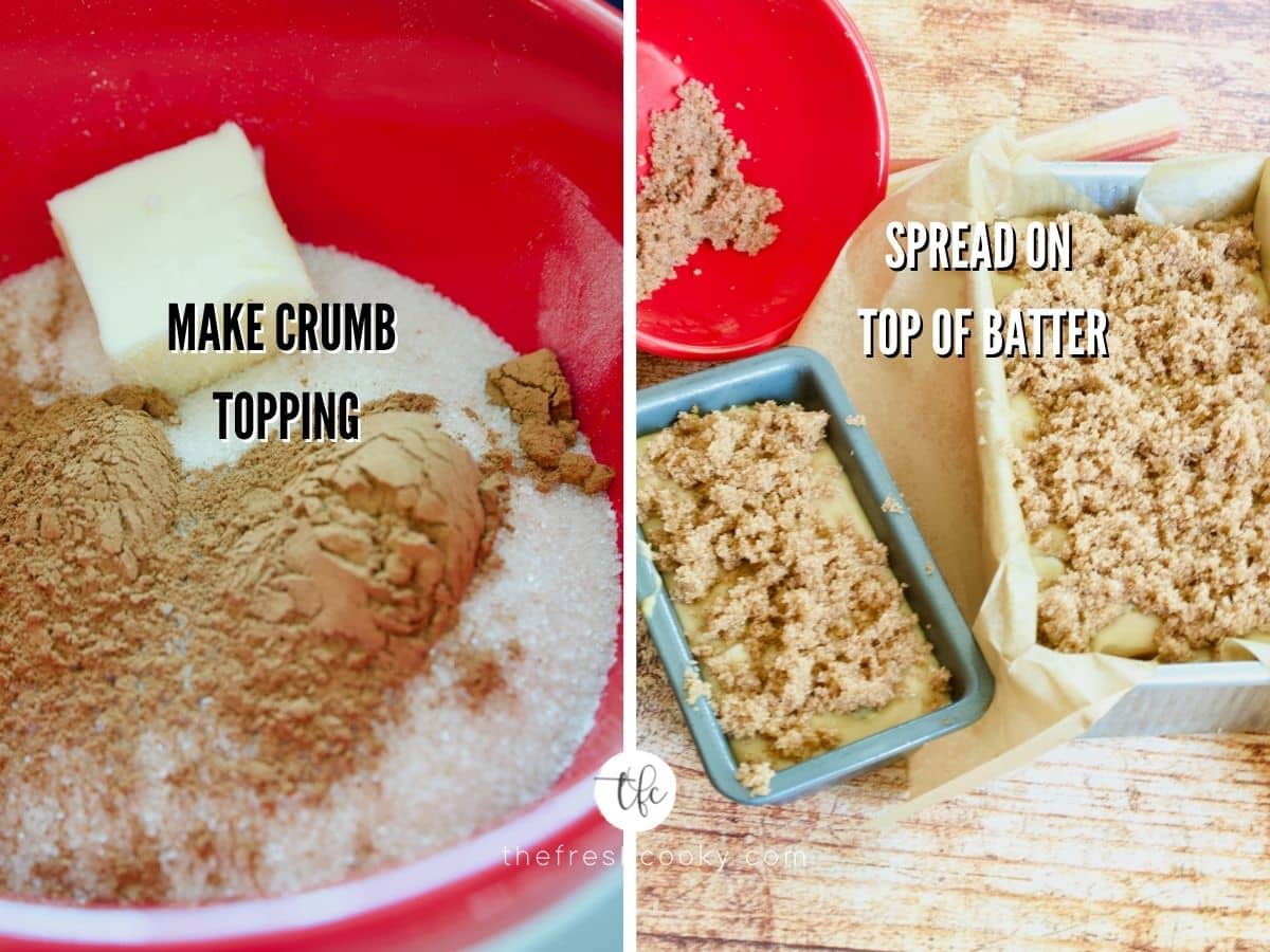 Streusel Topping ready to be mixed in bowl, second image of batter in pans with streusel topping on top.