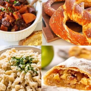 Oktoberfest food images for German goulash, Bavarian pretzels, spaetzle and apple strudel!