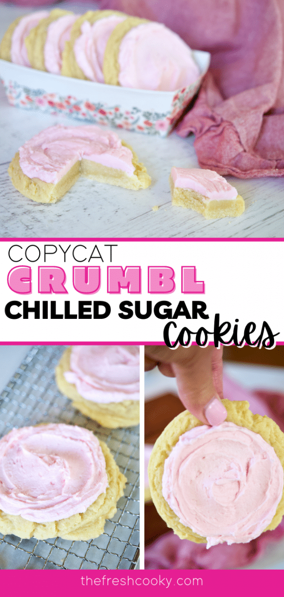 Long pin for Copycat Crumbl Sugar Cookies with three images top image of frosted sugar cookie with wedge removed, bottom images of closeups of pink frosted sugar cookies.