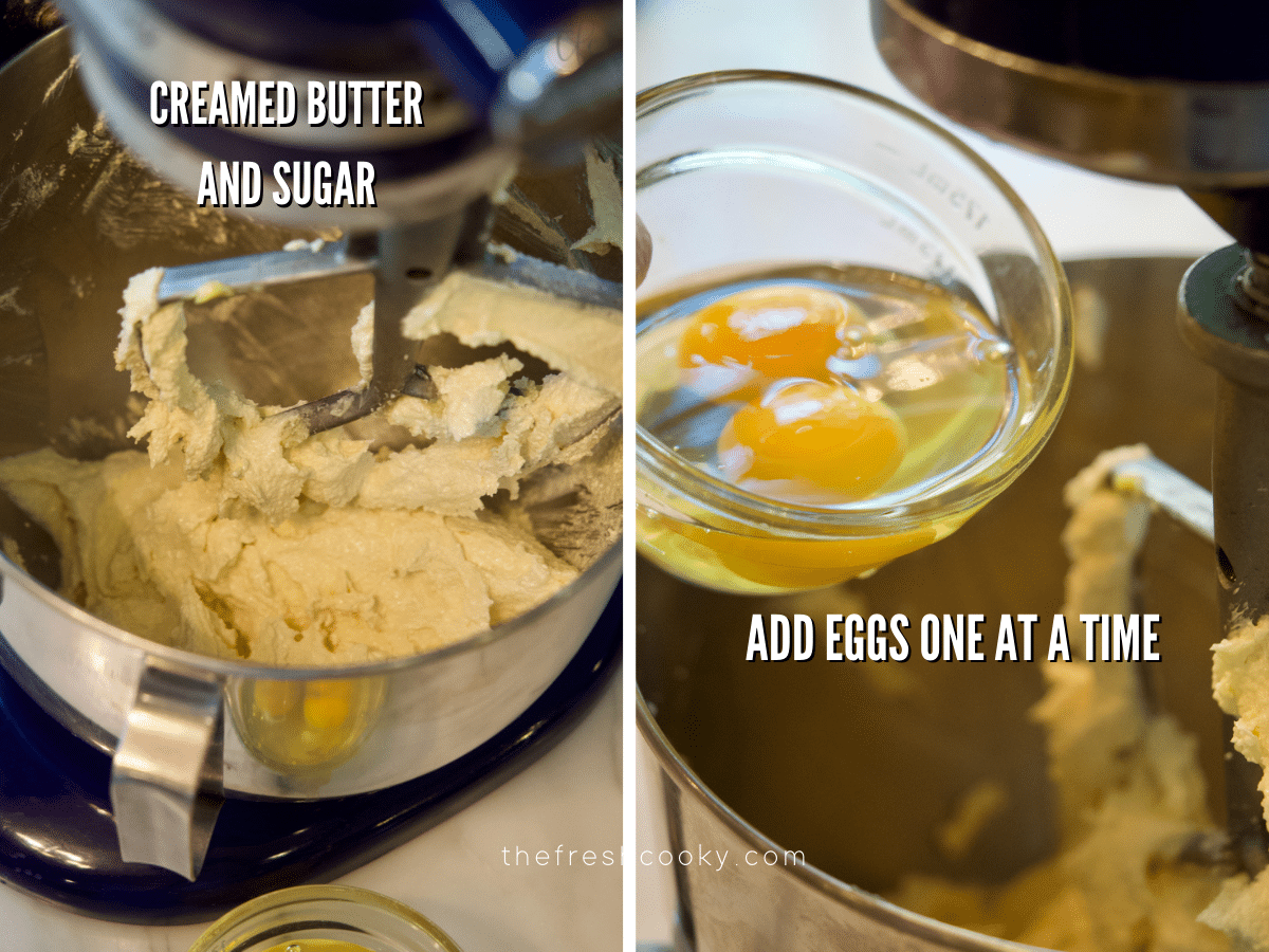 Crumbl Cookie Recipes Sugar Cookie process shot, creaming butter and sugar and adding eggs to sugar/butter mixture.