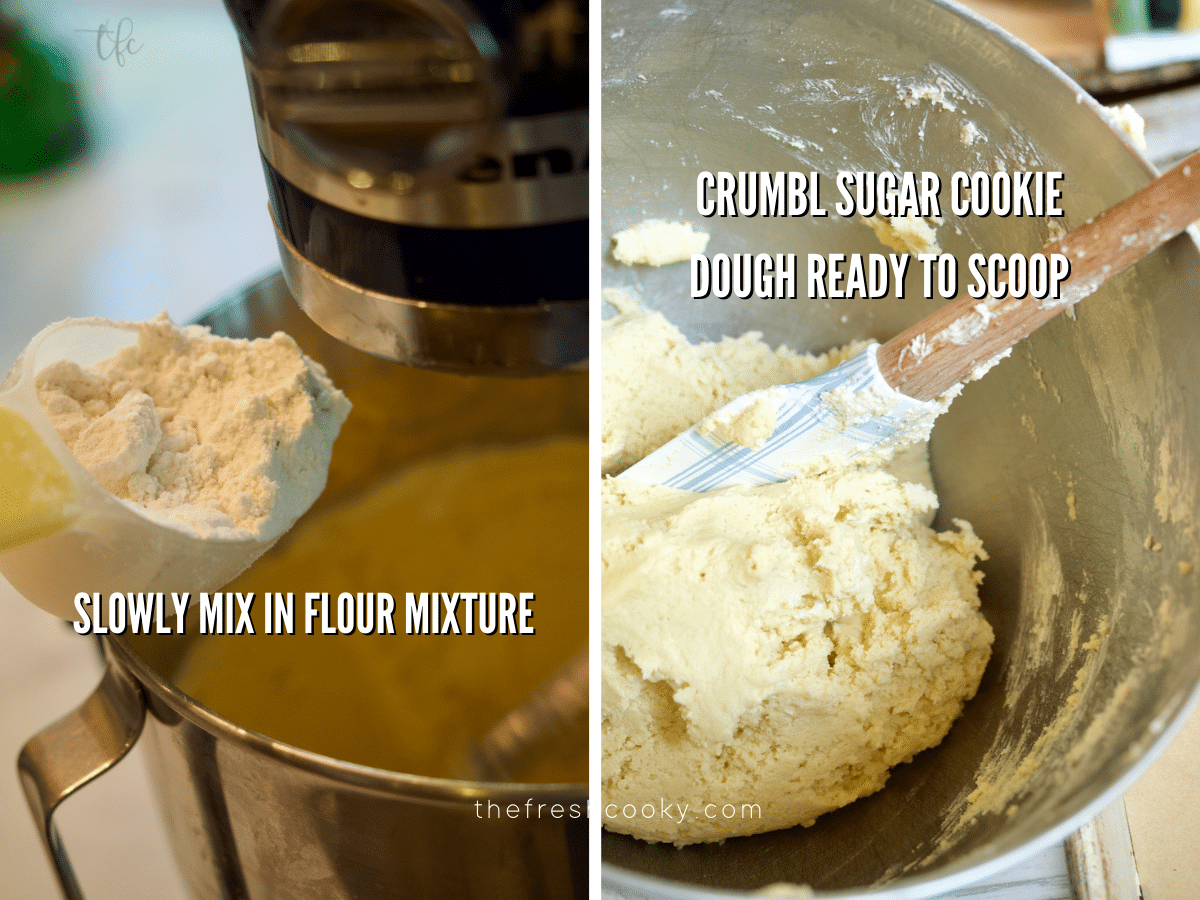 Crumbl Sugar Cookie recipe process shots, adding flour mixture and final cookie dough.