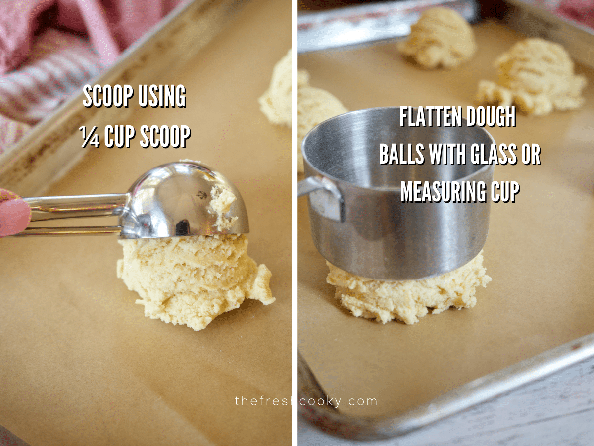 Crumbl Sugar Cookies process shots, scooping cookie dough onto parchment lined pan, pressing cookie dough ball flat with flat bottomed glass or measuring cup.