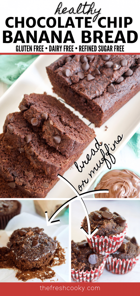 Long pin for Healthy Chocolate Chip Banana Bread and muffins, top image of sliced loaf of dark chocolate banana bread, bottom images of regular and mini muffins with chocolate chips.