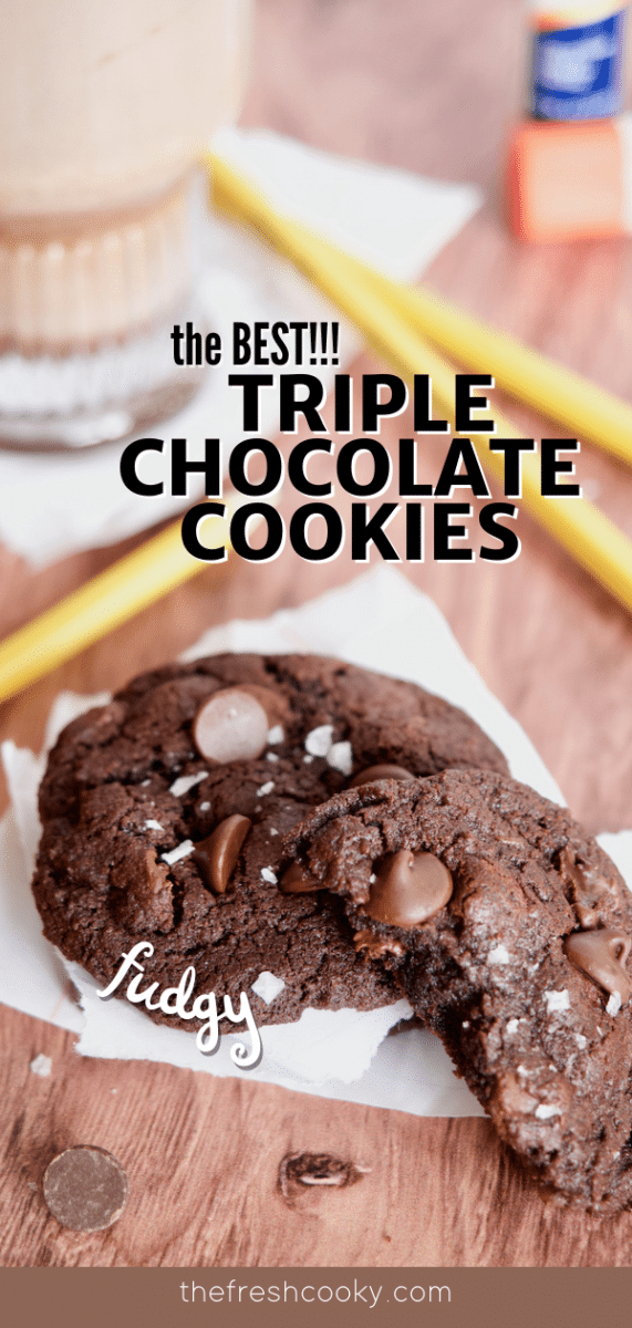 Long pin with image of triple chocolate cookies with school supplies laying around and a glass of chocolate milk.