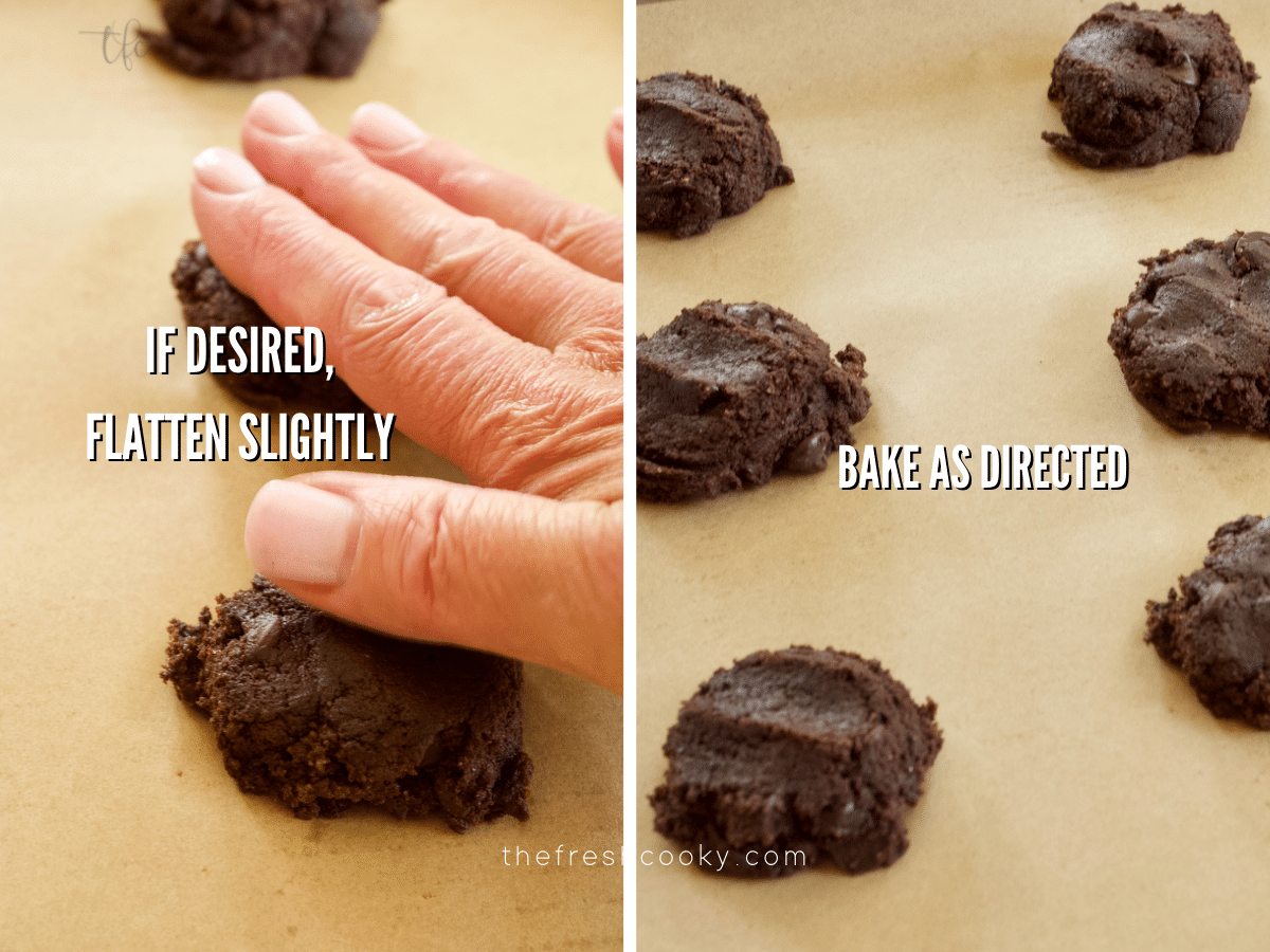 Hand flattening triple chocolate cookies dough and flattened cookies on cookie sheet.