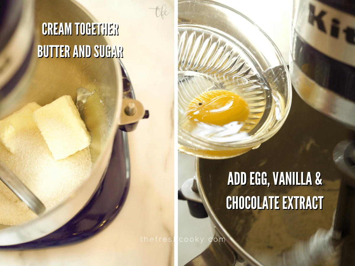 Triple Chocolate Cookies process shots with image 1 with butter and sugar in mixer, second image of adding egg to batter.