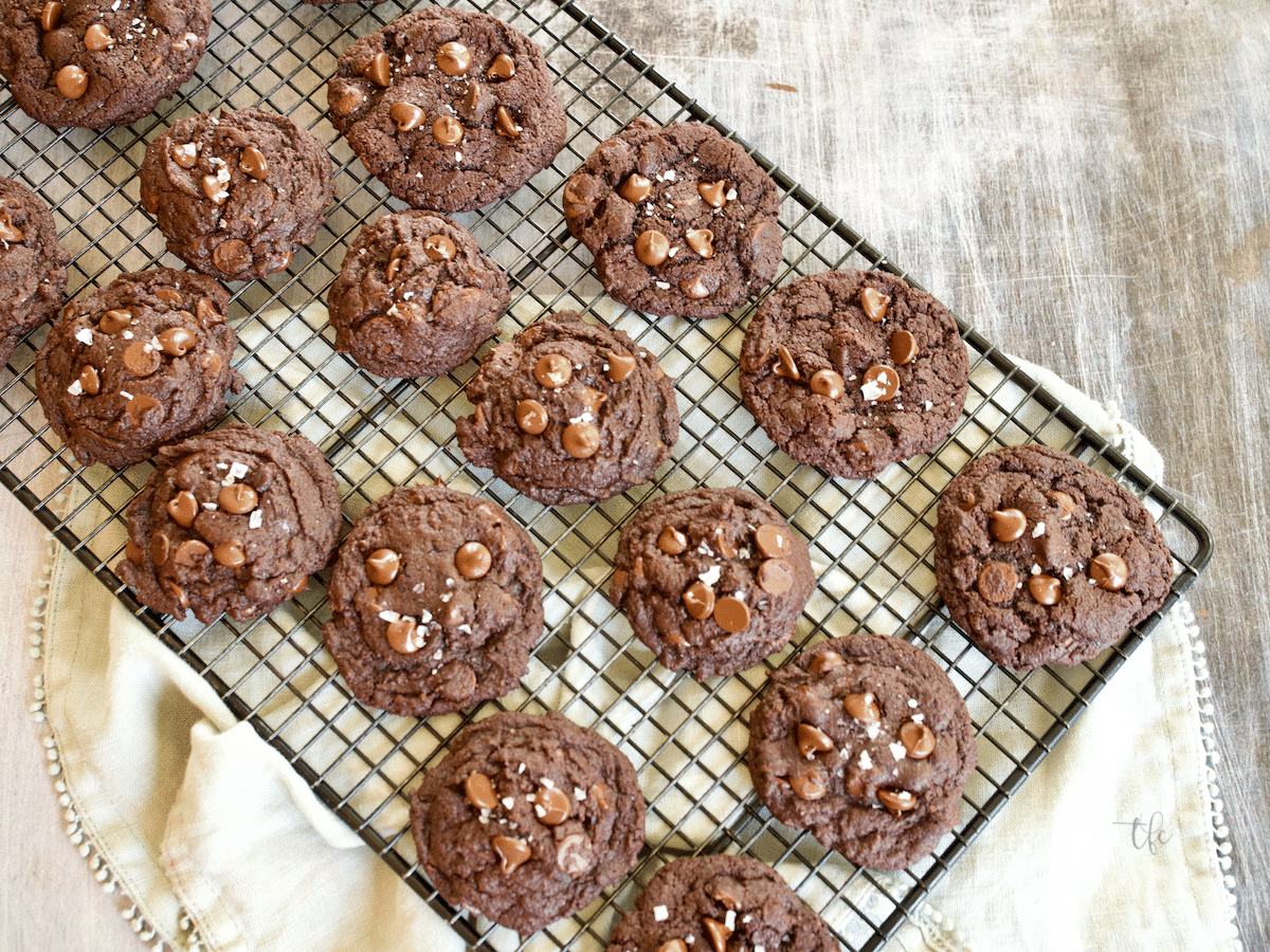 Triple Chocolate Cookies cooling on wire rack.