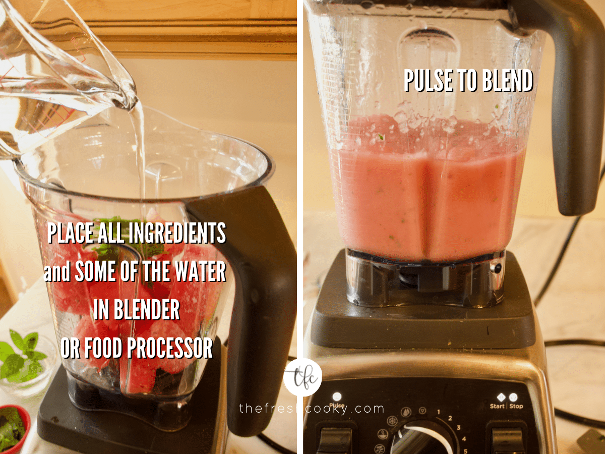 Watermelon Slush Process shot L-pouring water in blender with frozen watermelon and mint, second image after first round of pulsing watermelon.