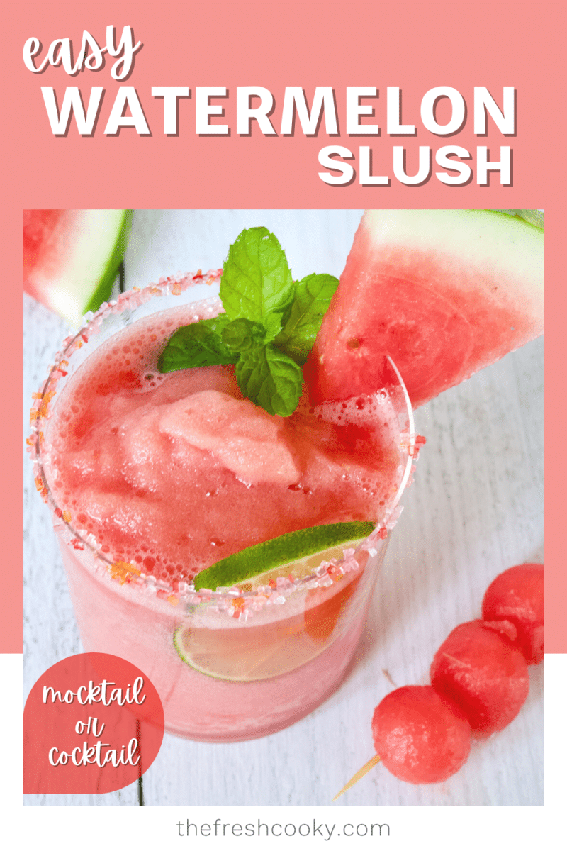 Easy Watermelon Slush with top down shot of watermelon frozen drink in pretty glass, mocktail or cocktail.