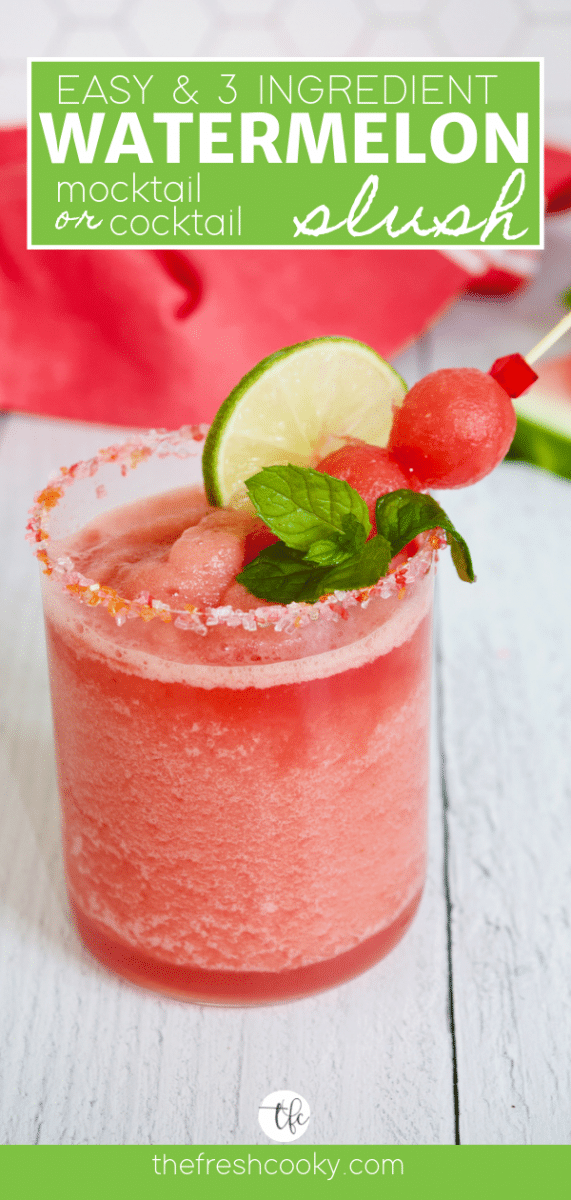 Long pin for watermelon slush with image of slush in a pretty glass rimmed with sugar, garnished with melon balls, lime wheel and mint with a red napkin behind.