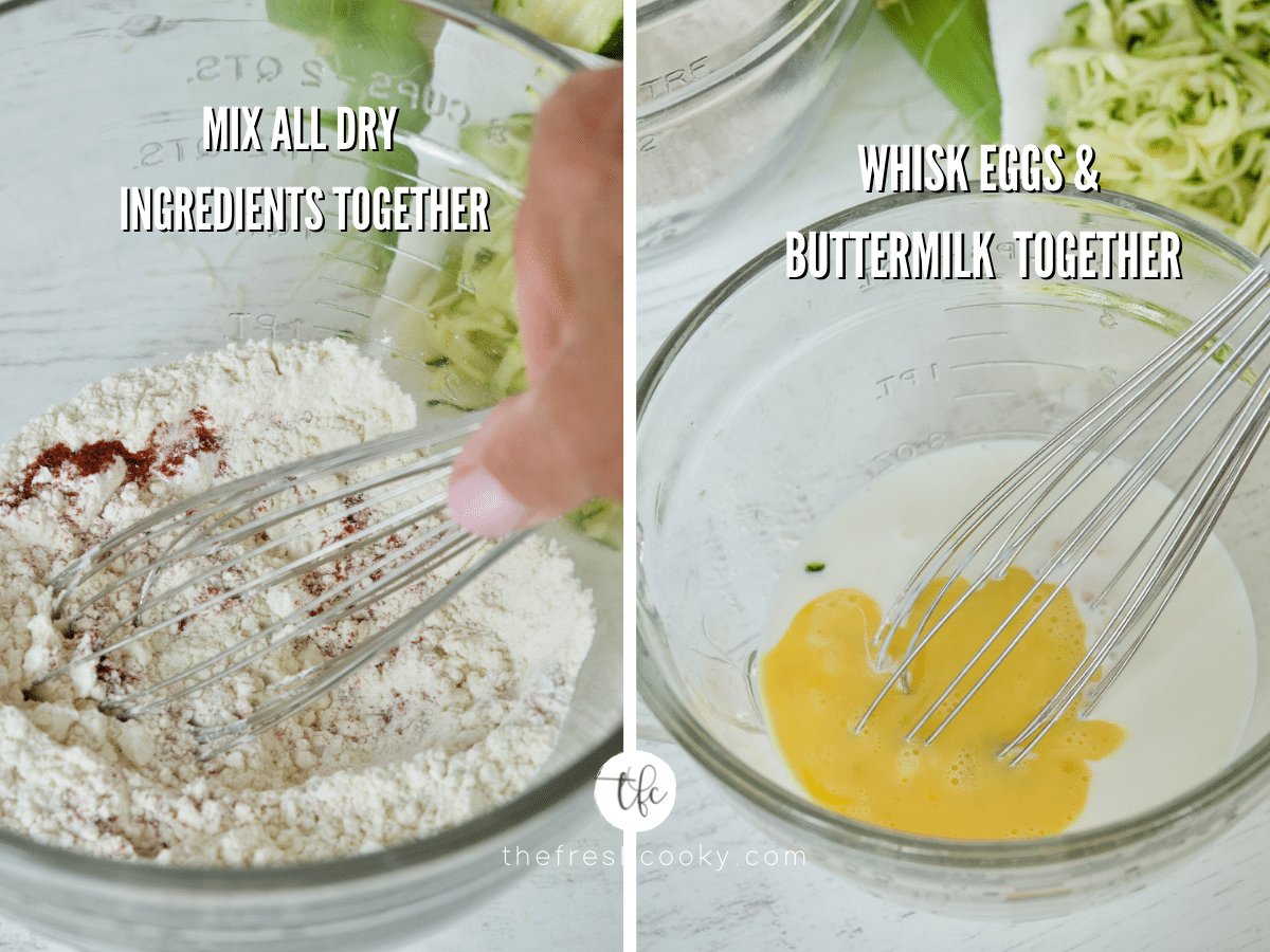 Zucchini Corn Fritters process shots mixing all of the dry ingredients together and mixing all of the wet ingredients together.