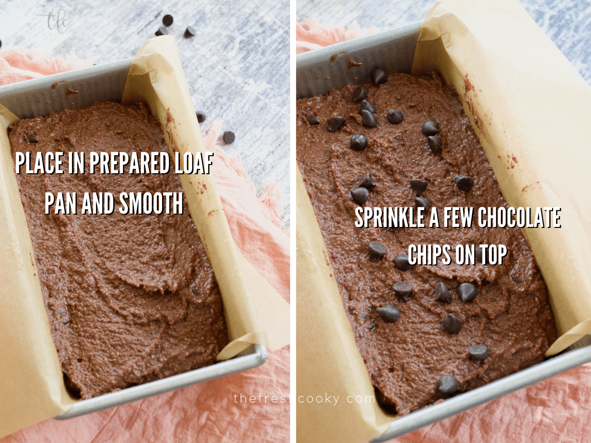 Process shots of healthy chocolate chip banana bread batter in loaf pan and with added chocolate chips.