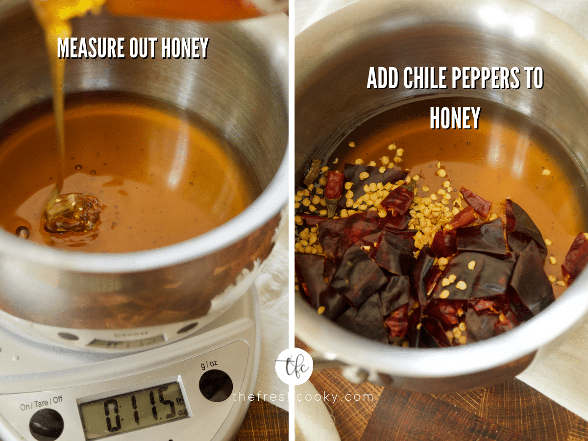 Process shot for hot honey recipe, 1) pouring honey into saucepan and weighing and 2) chopped chili peppers in sauce pan.