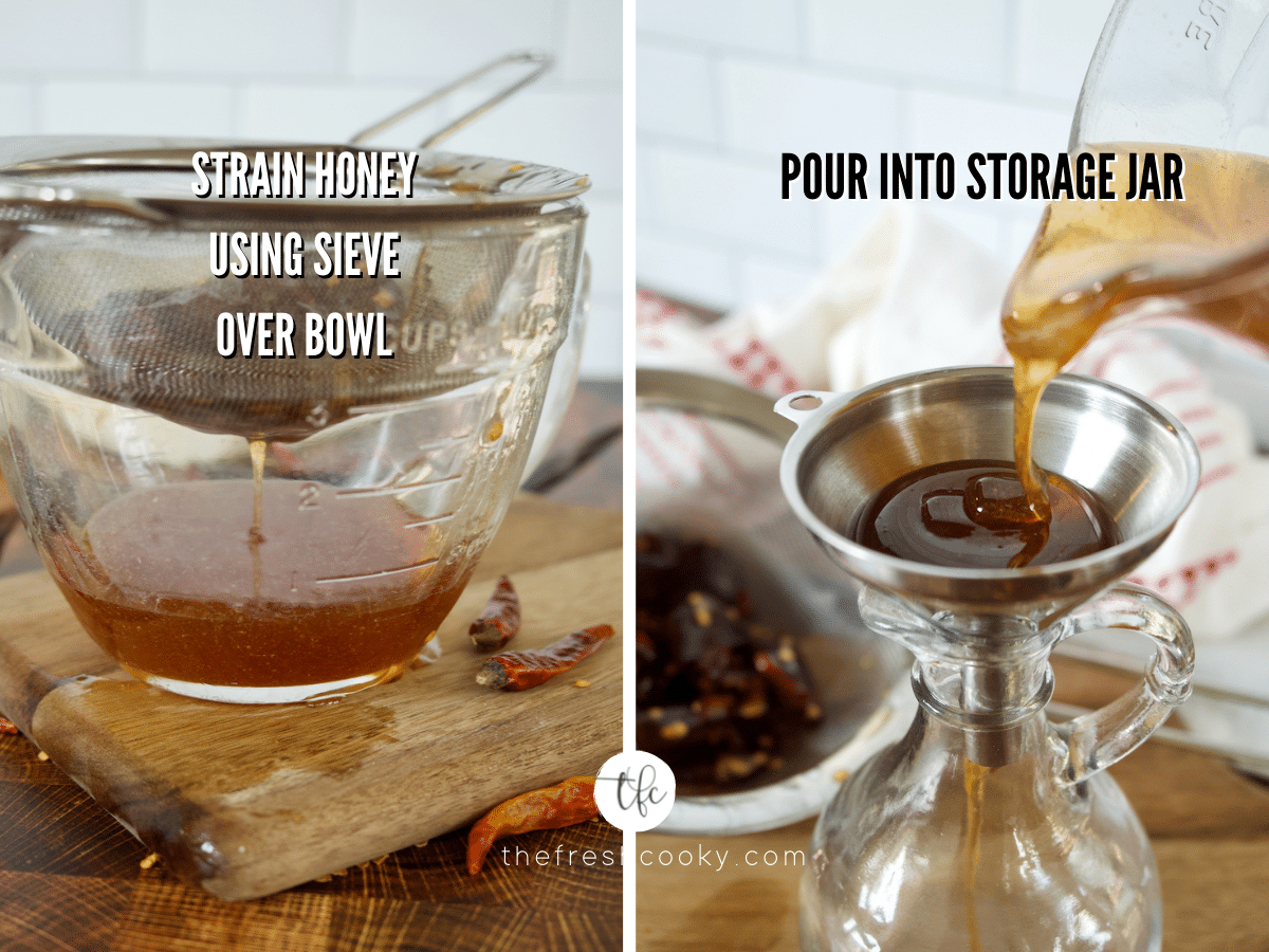 Straining chili peppers from honey and pouring cooled hot honey into clean jar.