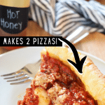 Pin for Chicago-Style Deep dish pizza with slice of pizza on plate oozing with melted cheese and hot honey in the background.