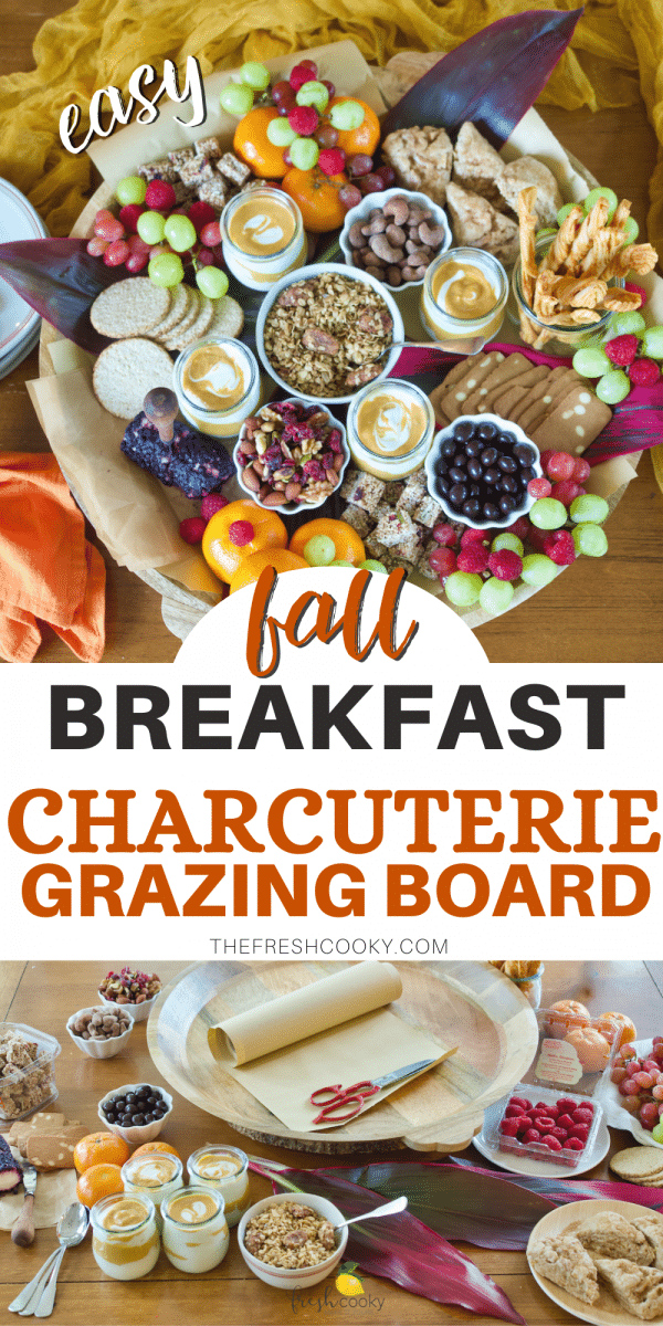 Pin for easy fall breakfast charcuterie crazy board with top image of top down shot of breakfast grazing board and bottom image an image of all of the ingredients and supplies before making the board.