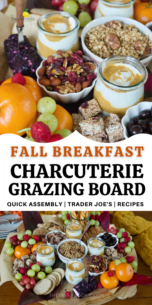 Fall Breakfast Charcuterie board with top image of close up of breakfast and brunch charcuterie items. Bottom image of entire fall charcuterie board.