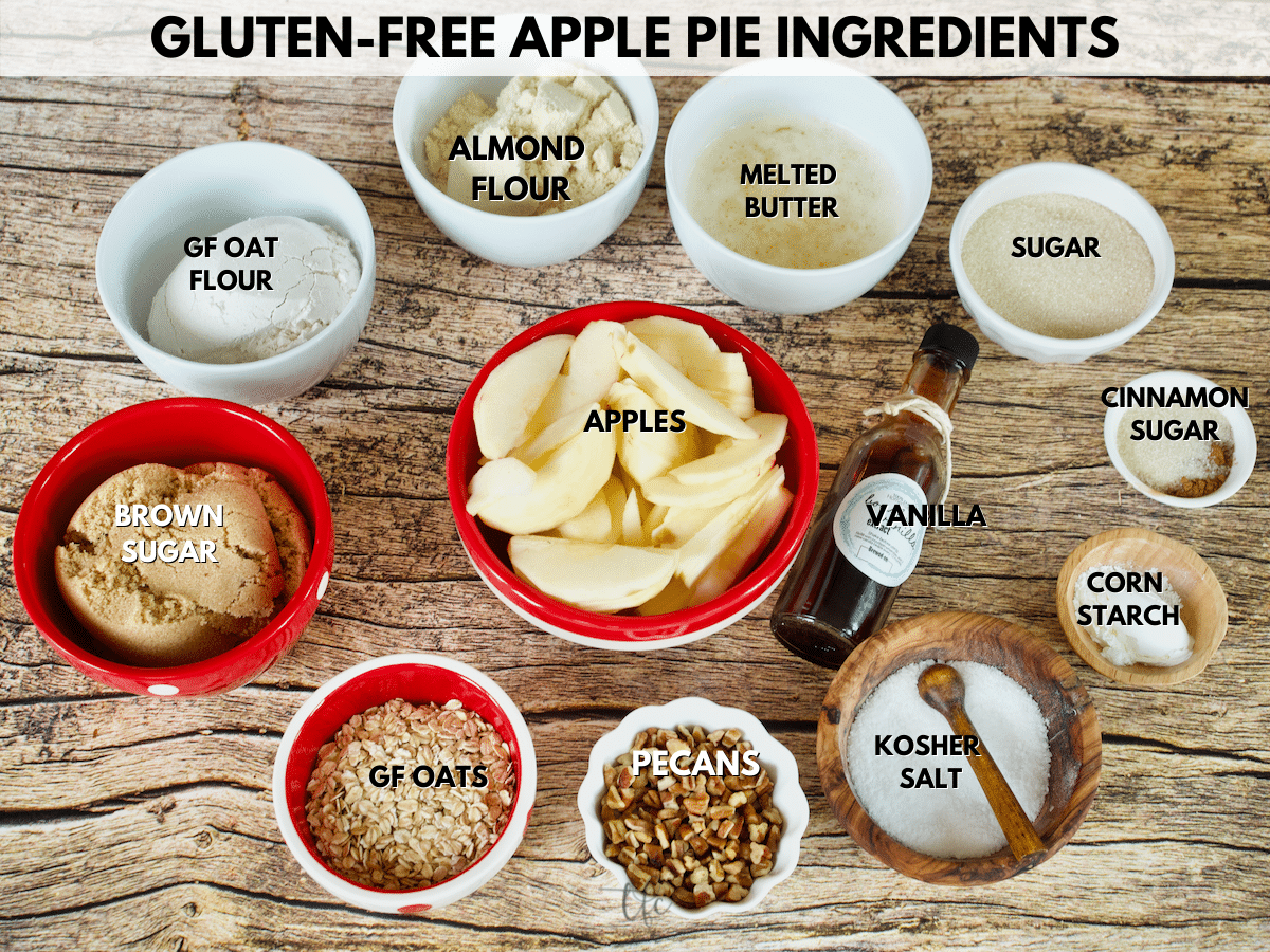 Labeled ingredients for gluten free apple pie. 