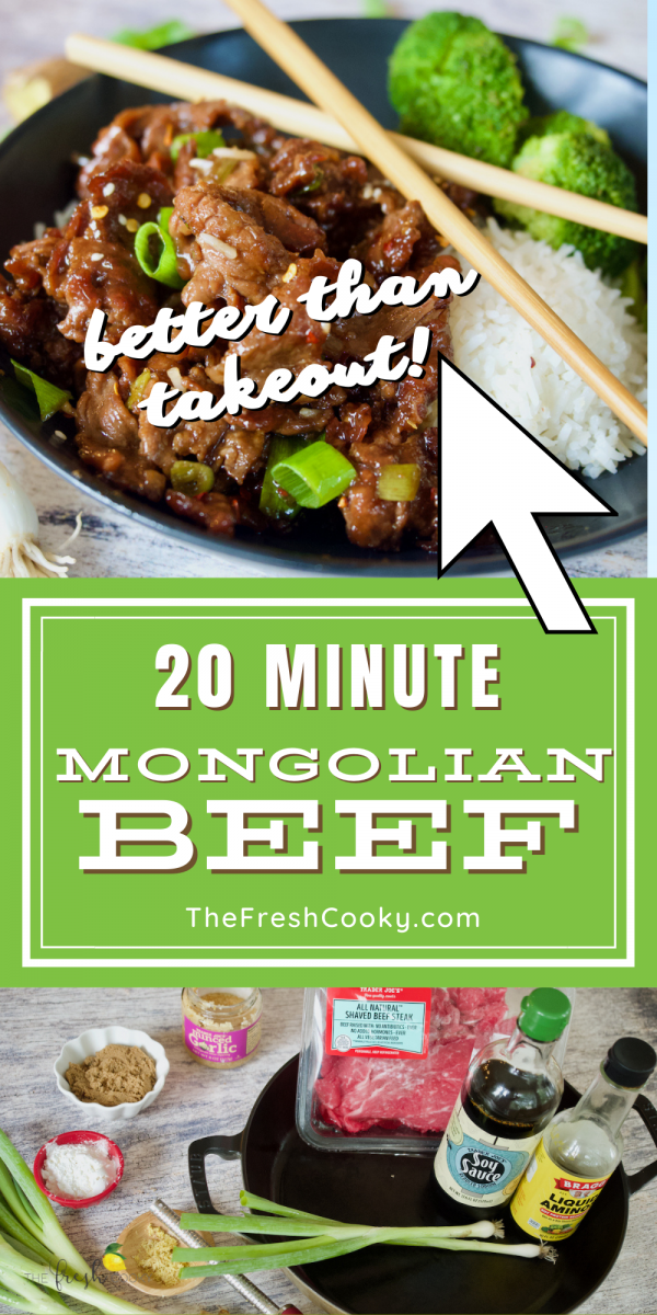 Pin for Mongolian Beef, with two images, top image of Mongolian beef in a black bowl with rice, broccoli and chopsticks.