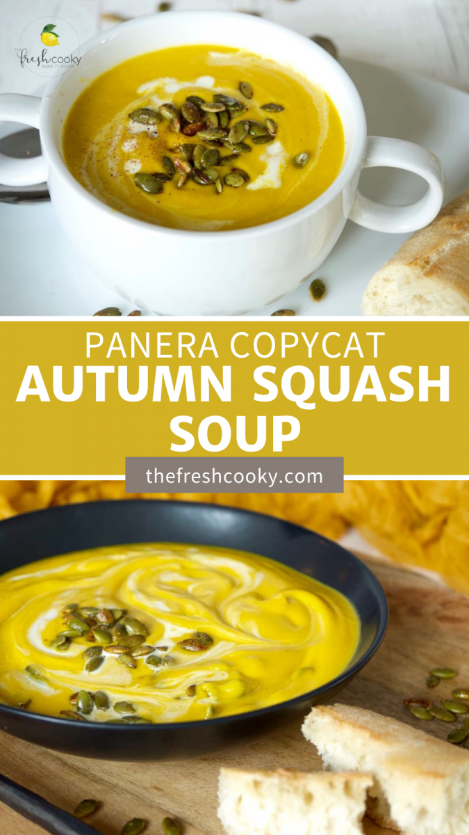 Easy Copycat Panera Autumn Squash Soup pin with top image of silky yellow soup in white bowl and bottom image of black bowl filled with creamy squash soup.