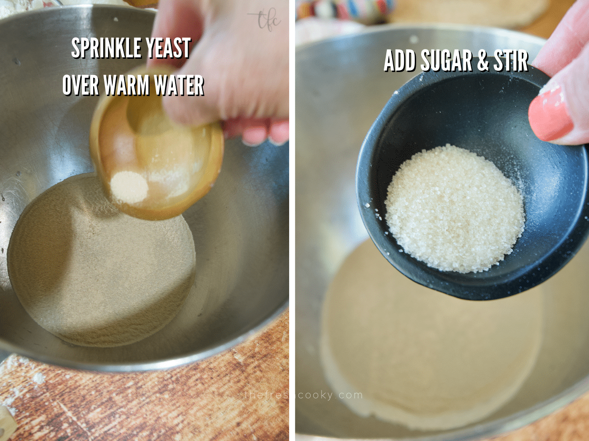 Pizza dough recipe process shots adding yeast to warm water in bowl and adding sugar to yeast mixture.