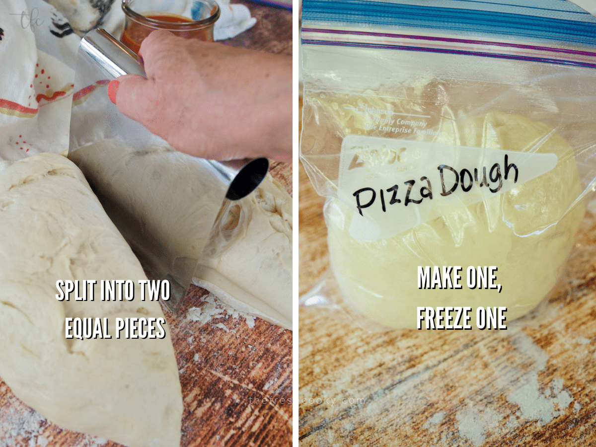 Pizza dough recipe splitting dough in half and placing one portion in a freezer baggie.