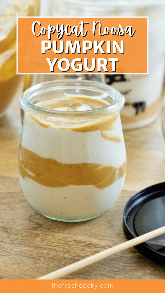 Long pin for pumpkin yogurt, copycat noosa recipe, with image of tulip jar filled with layers of vanilla bean yogurt and pumpkin filling.