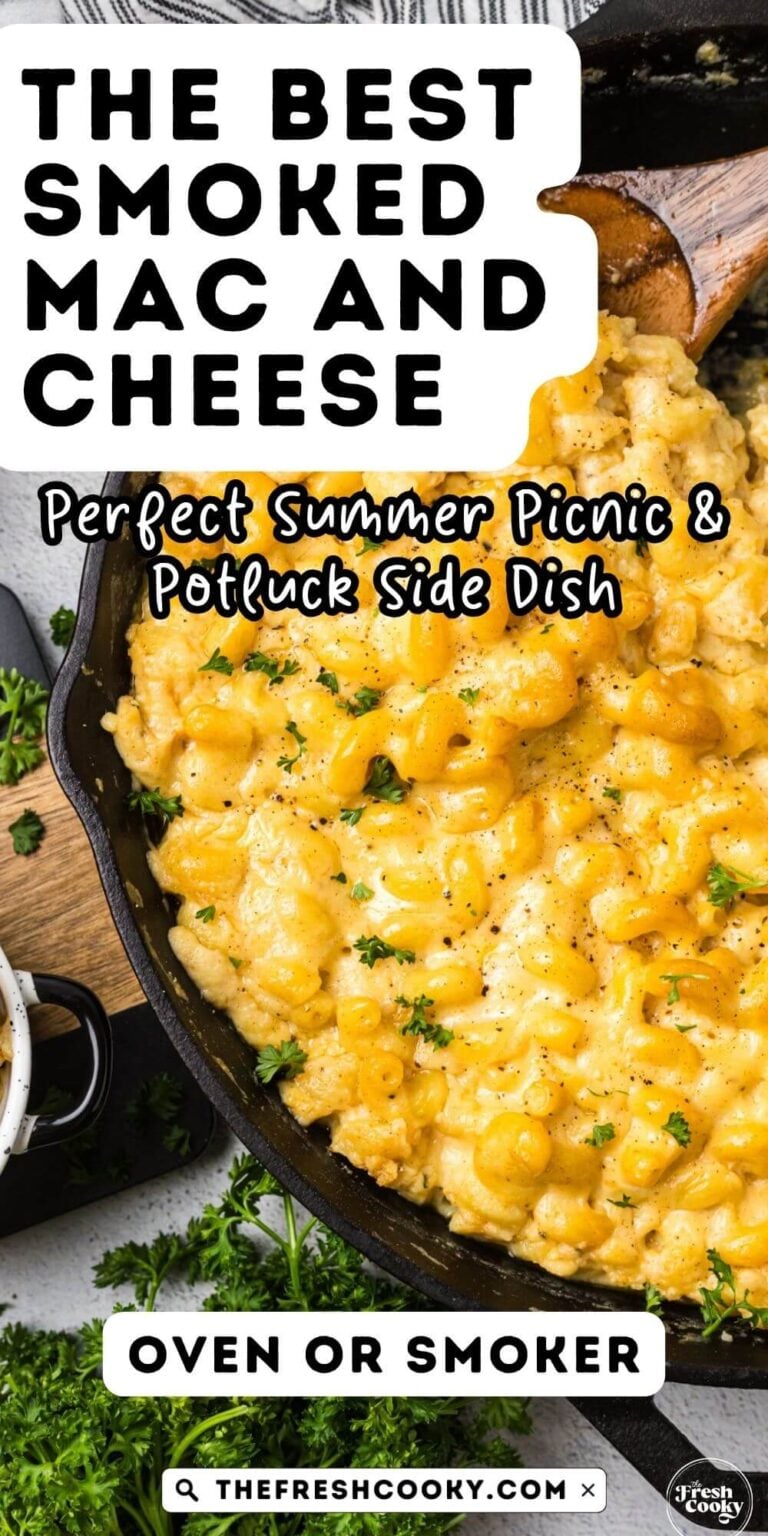 A skillet filled with creamy smoked mac and cheese, to pin.