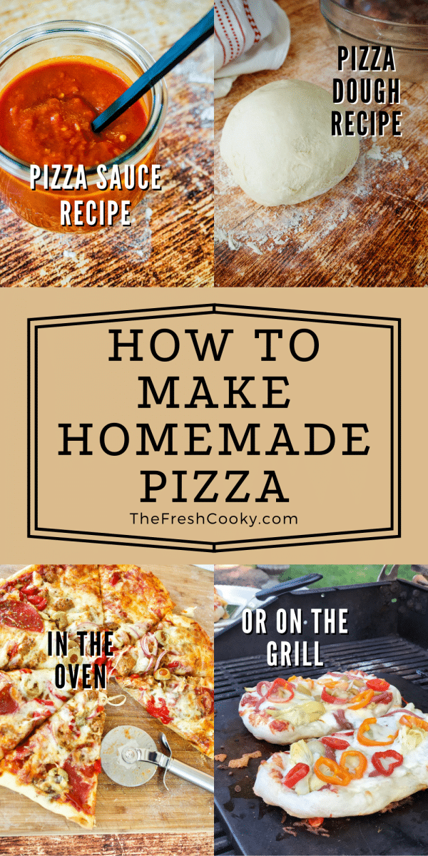 The complete guide for how to make homemade pizza with images for homemade pizza sauce, homemade pizza dough, baked pizza in oven and grilled pizza.