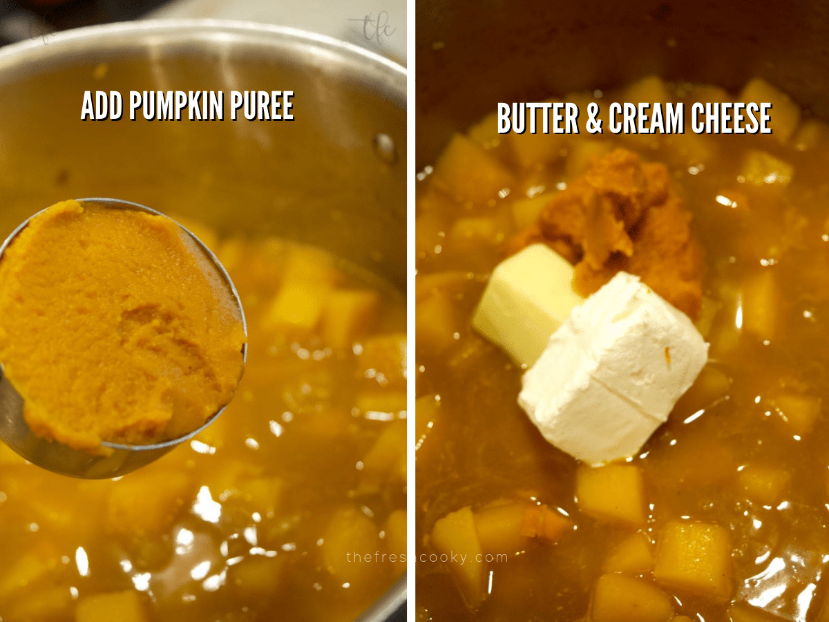 Process shots for autumn squash soup adding pumpkin puree and adding butter and cream cheese. 