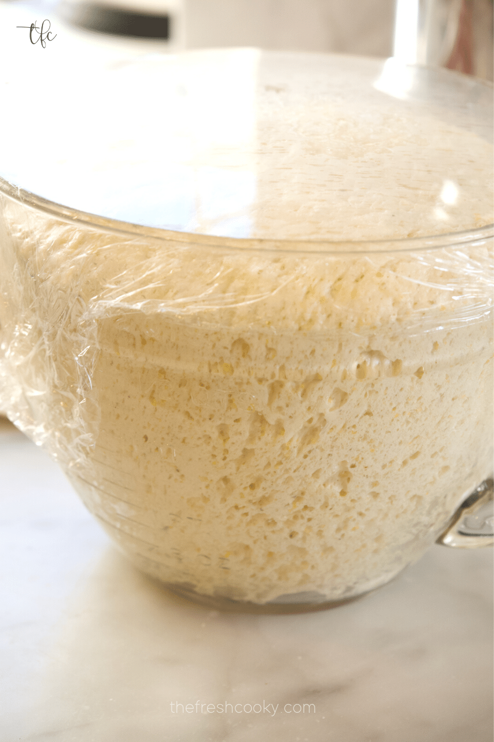 Airy pizza dough in bowl risen to top, ready to punch down for deep dish pizza dough.