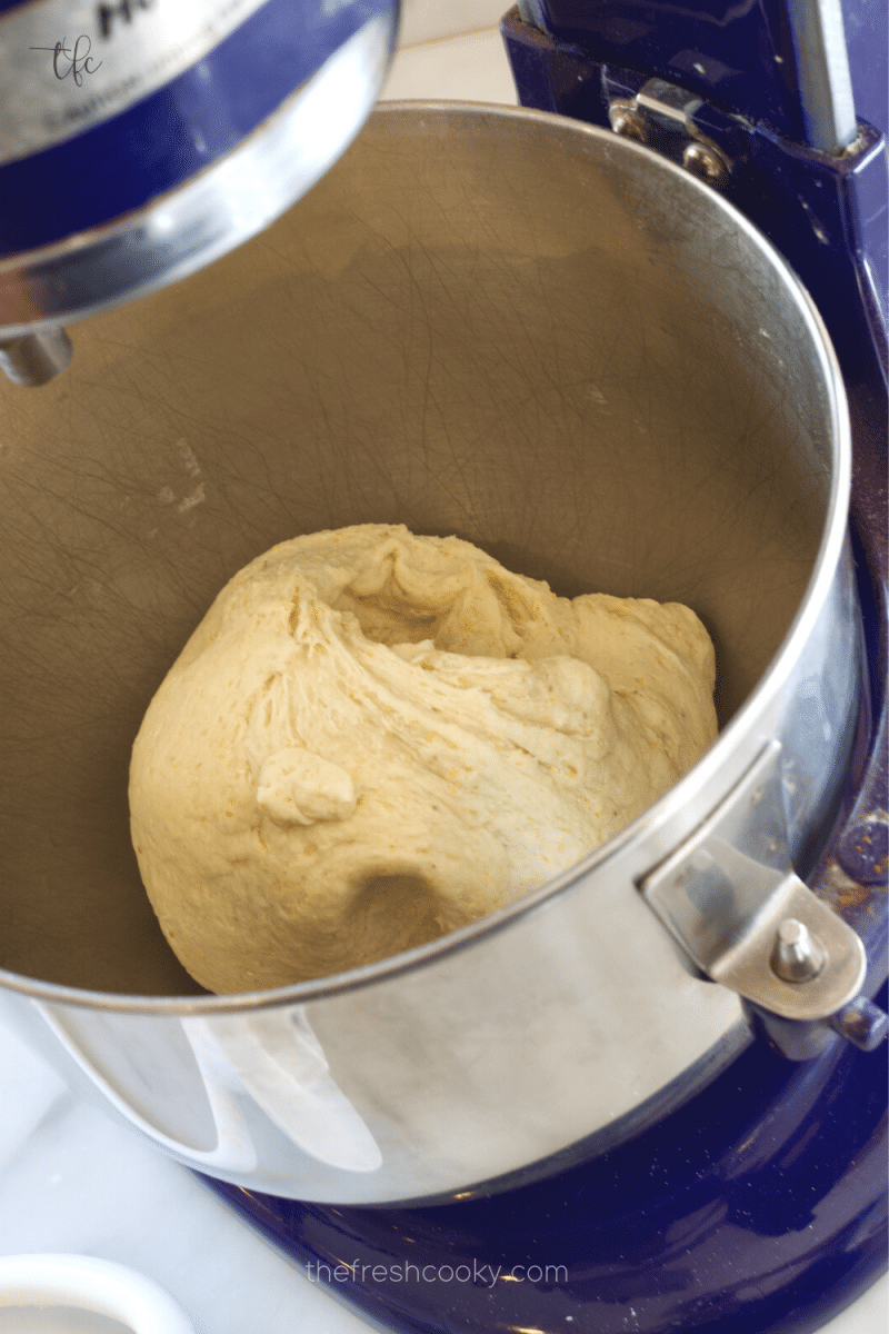 Deep Dish Pizza dough in mixer bowl after kneading. 