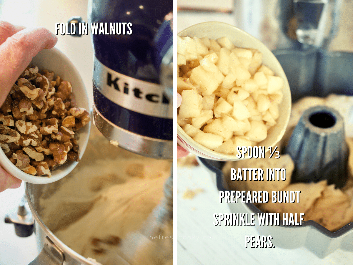 Adding walnuts to pear bundt cake and pouring half the pears onto the bundt batter in prepared pan.