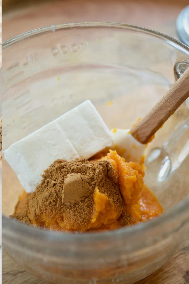 Add ingredients for pumpkin yogurt filling to mixing bowl. 