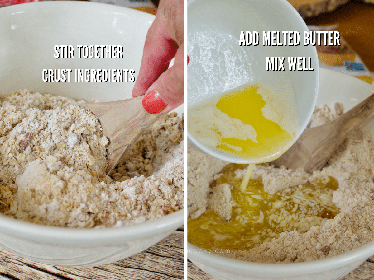 Process shots for gluten-free apple crumble pie crust, mixing dry ingredients and then adding melted butter to dry ingredients. 
